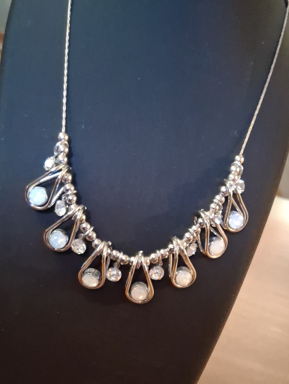 Silver Teardrop Pendant Necklace with Opalescent Stones 16" Chain